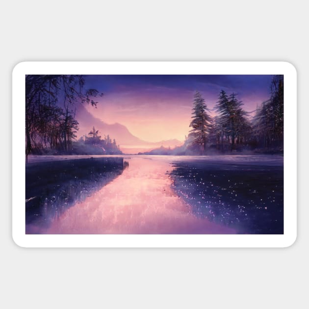 View of a mountain lake at dusk with a blue sky Sticker by amithachapa